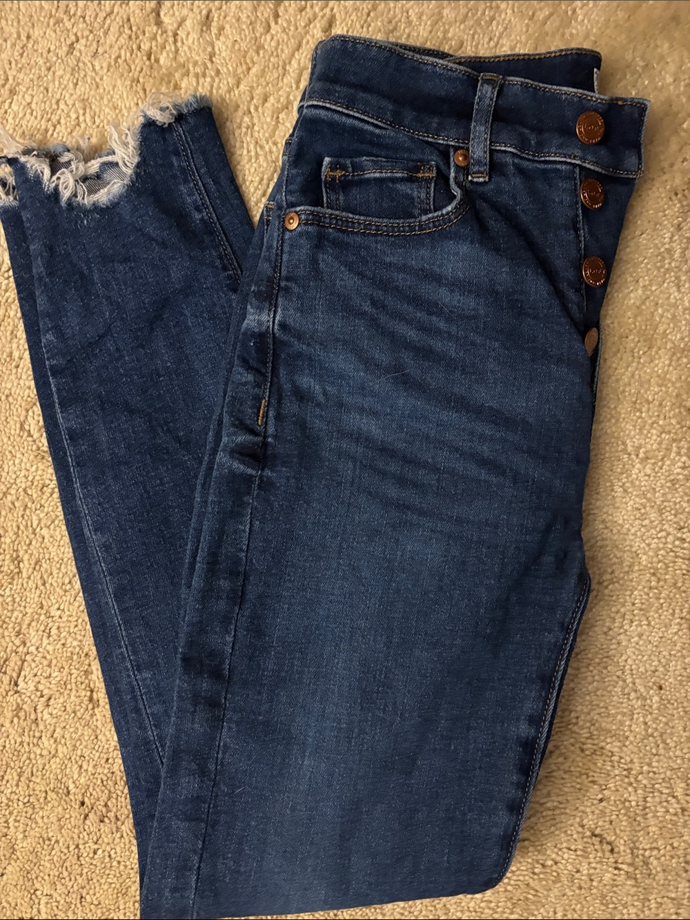 LOFT Dark Indigo Skinny Jeans with Button-Fly and Frayed Ankles